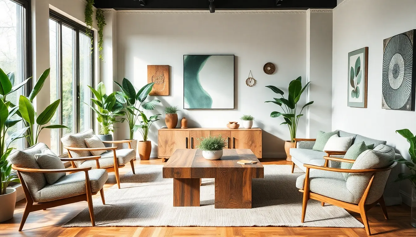 eco-friendly living room featuring upcycled furniture and plants.