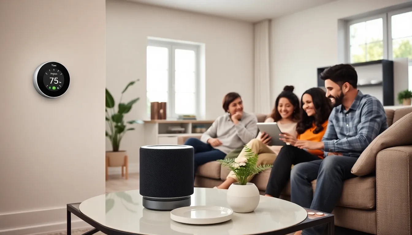 family using smart home devices in a modern living room.