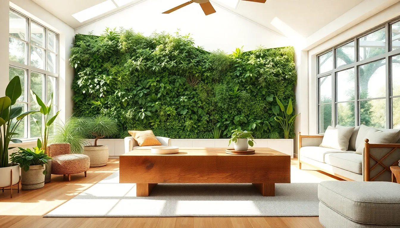 a modern living space emphasizing biophilic and sustainable design elements.